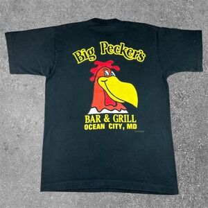 Vintage Big Peckers Bar & Grill Ocean City MD T-Shirt Mens Large Black 90s Faded